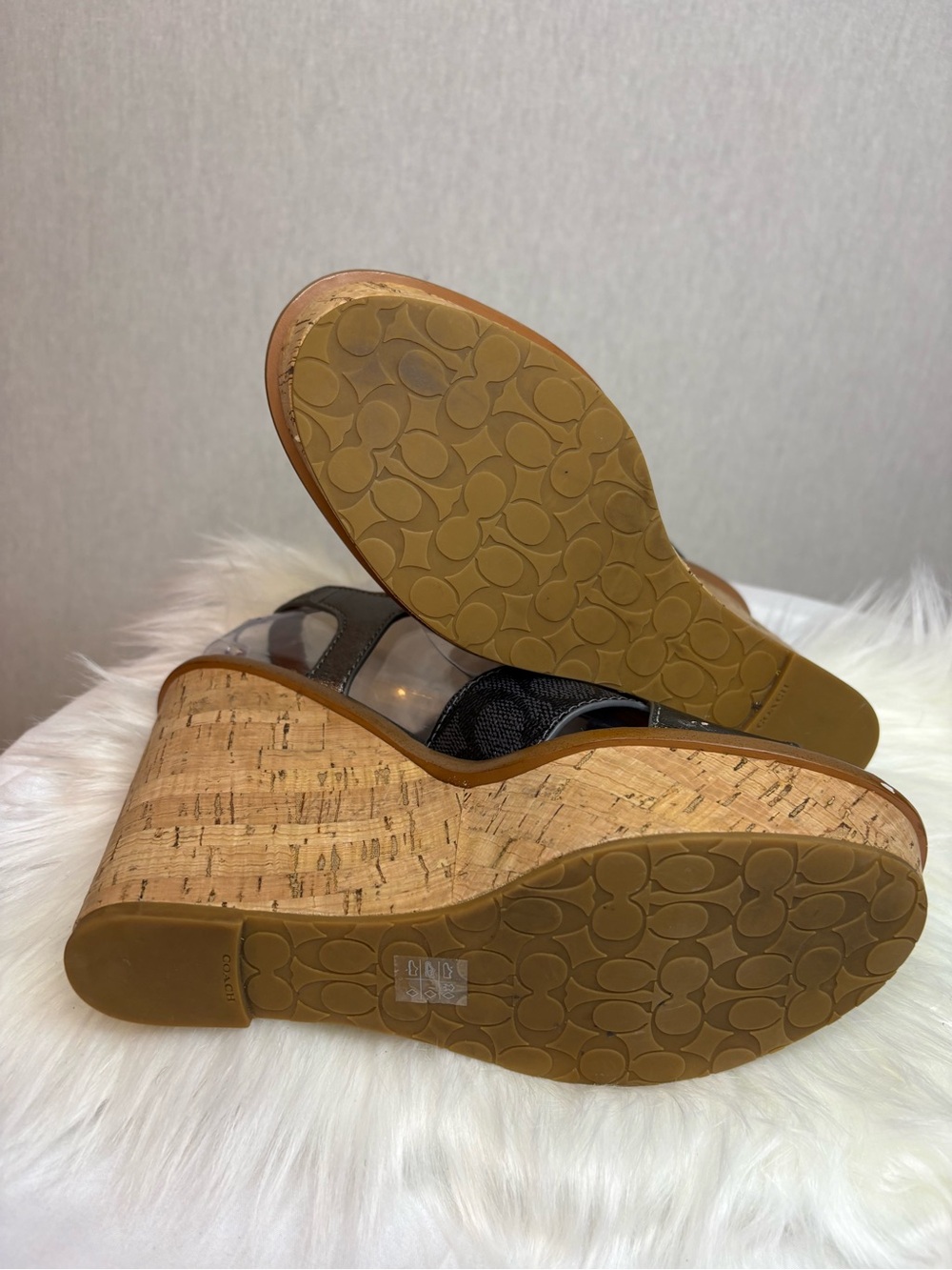 Coach Metallic Black Cross-Strap Wedge Sandals - Picture 3 of 4